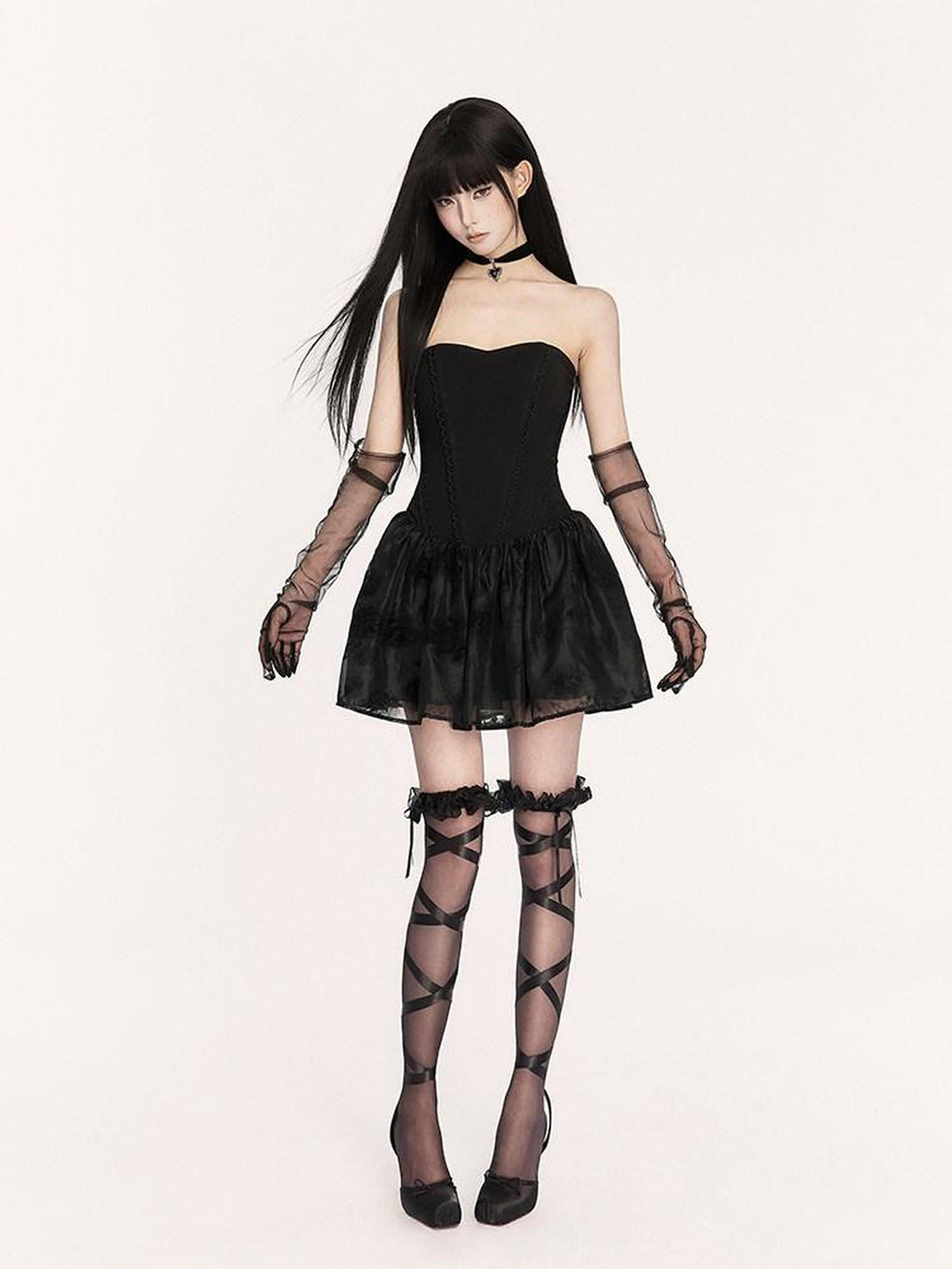 VOCK Dark Gothic Doll Boned Puff Women's Flocked Cotton Blend Tube Mini Dresses
