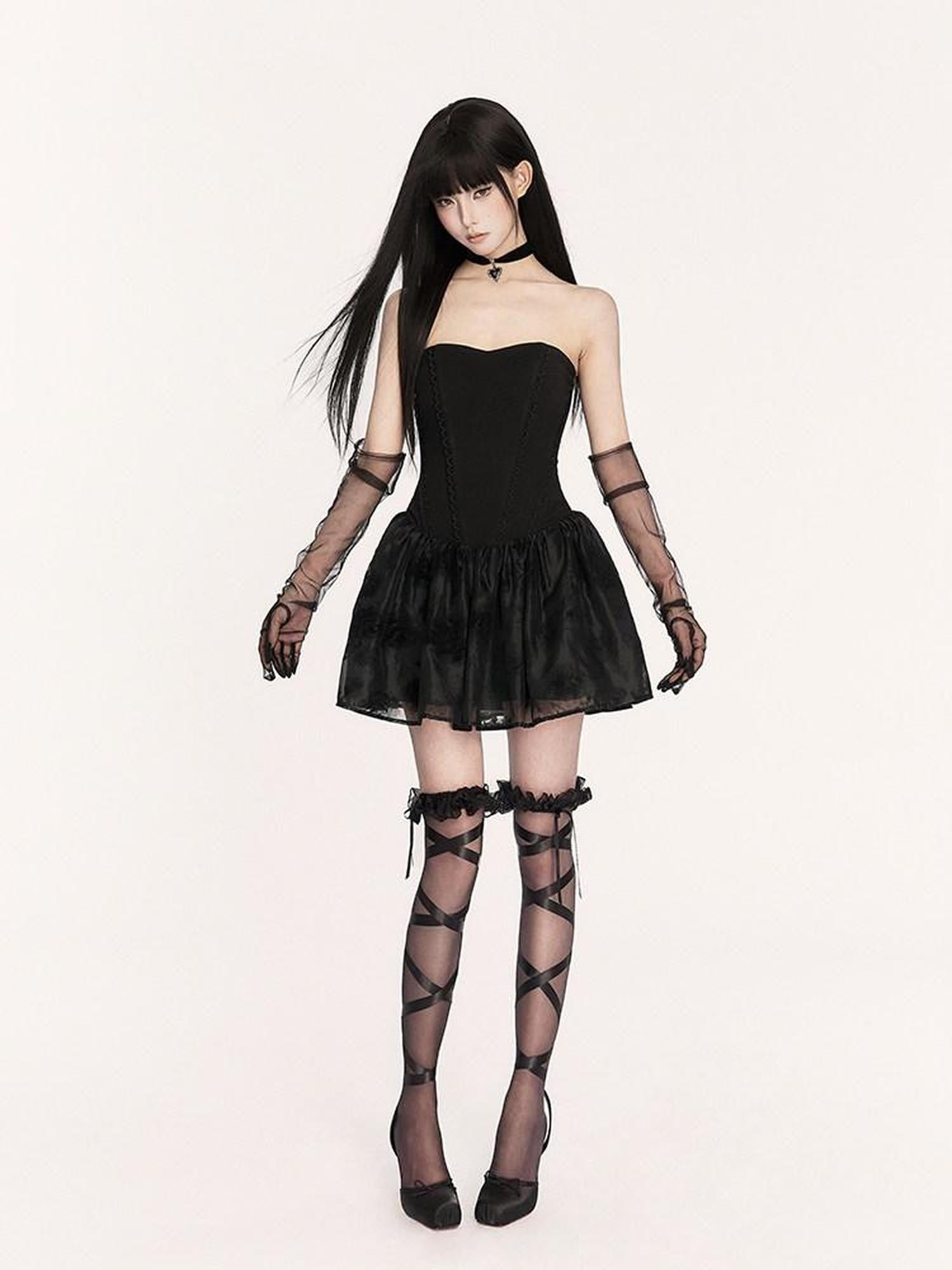 VOCK Dark Gothic Doll Boned Puff Women's Flocked Cotton Blend Tube Mini Dresses