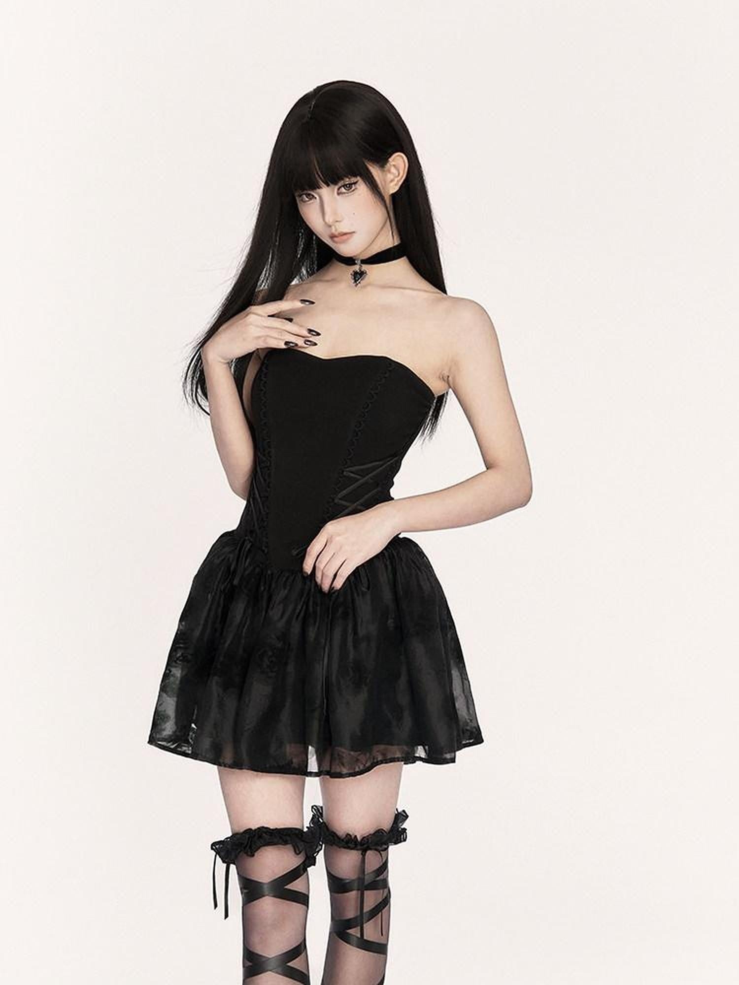 VOCK Dark Gothic Doll Boned Puff Women's Flocked Cotton Blend Tube Mini Dresses