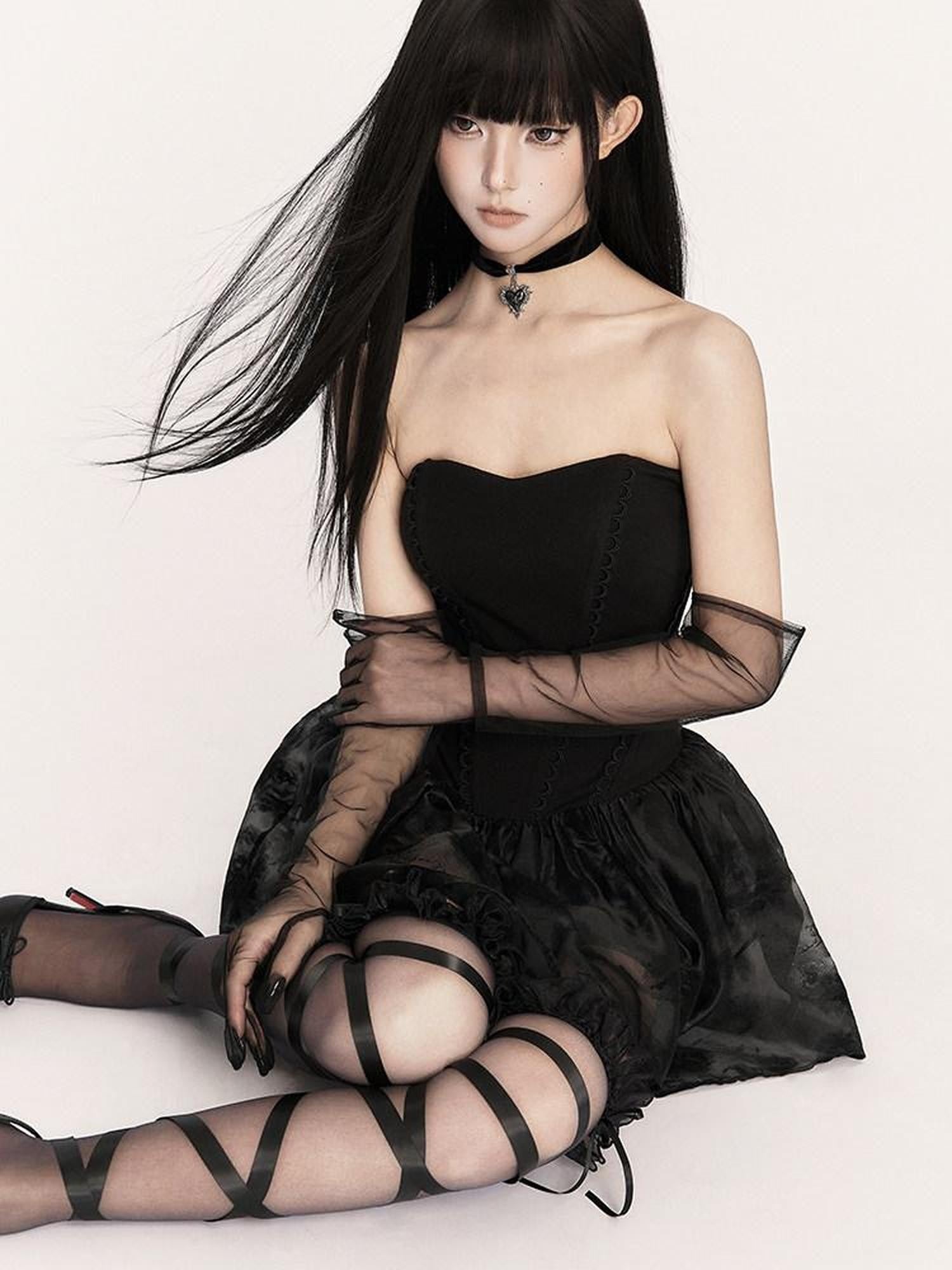 VOCK Dark Gothic Doll Boned Puff Women's Flocked Cotton Blend Tube Mini Dresses