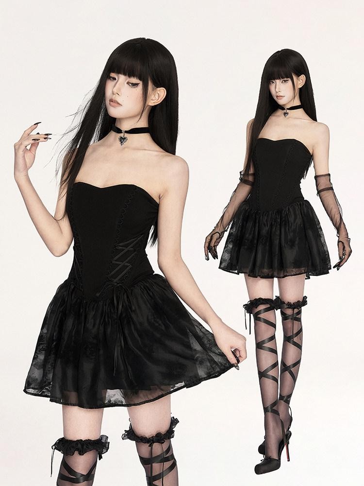 VOCK Dark Gothic Doll Boned Puff Women's Flocked Cotton Blend Tube Mini Dresses