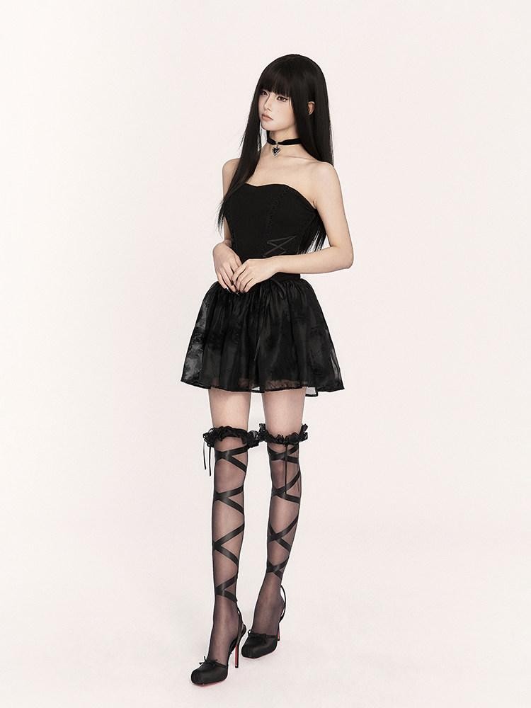 VOCK Dark Gothic Doll Boned Puff Women's Flocked Cotton Blend Tube Mini Dresses