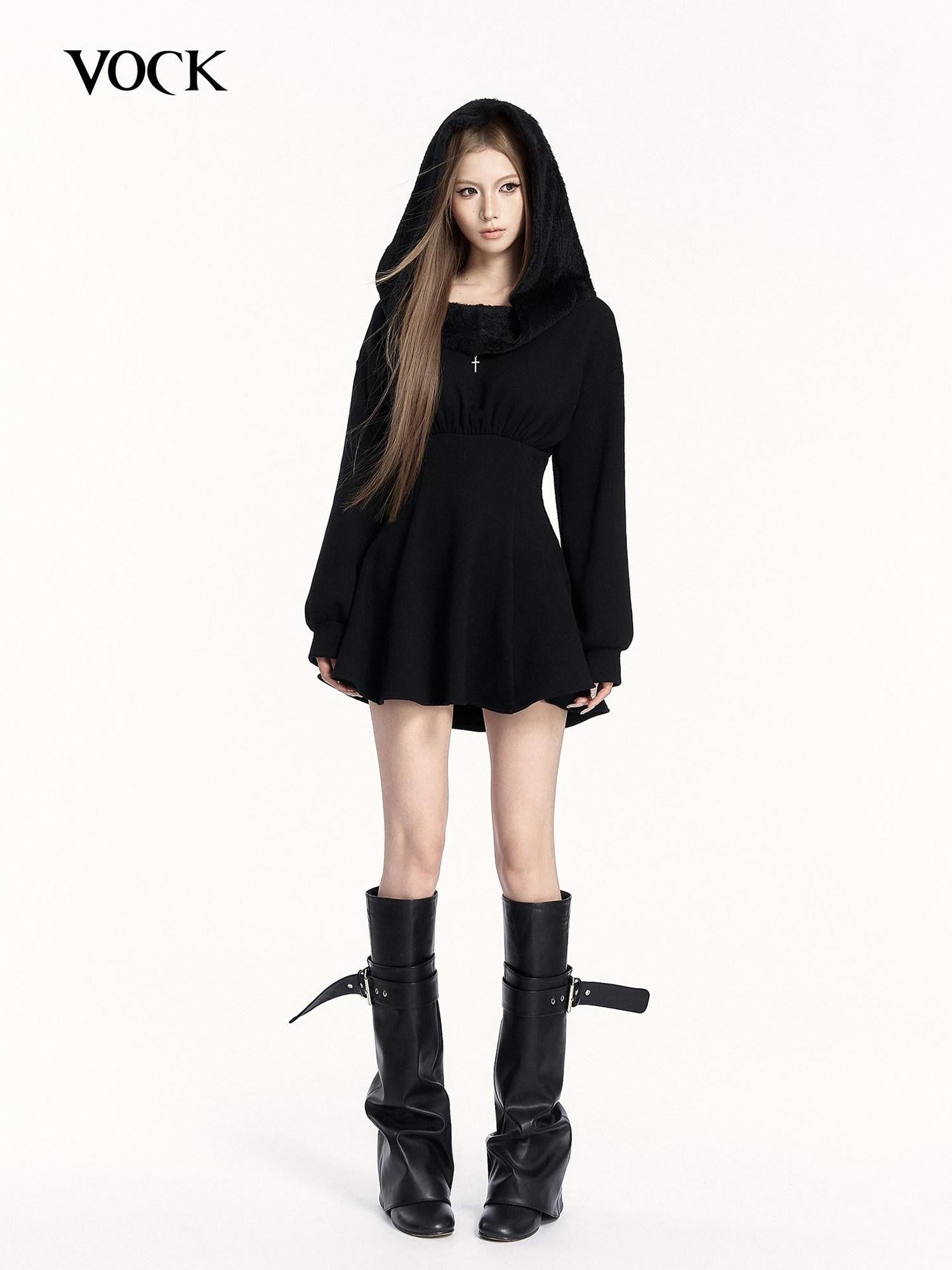 VOCK Dark Hooded Off Shoulder Patchwork Women's Poly Cotton Corset Mini Dresses