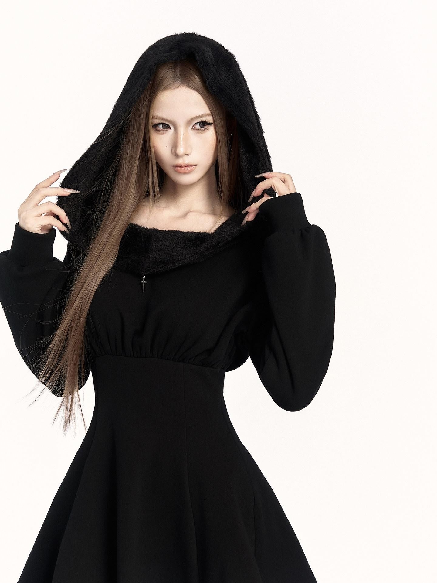 VOCK Dark Hooded Off Shoulder Patchwork Women's Poly Cotton Corset Mini Dresses