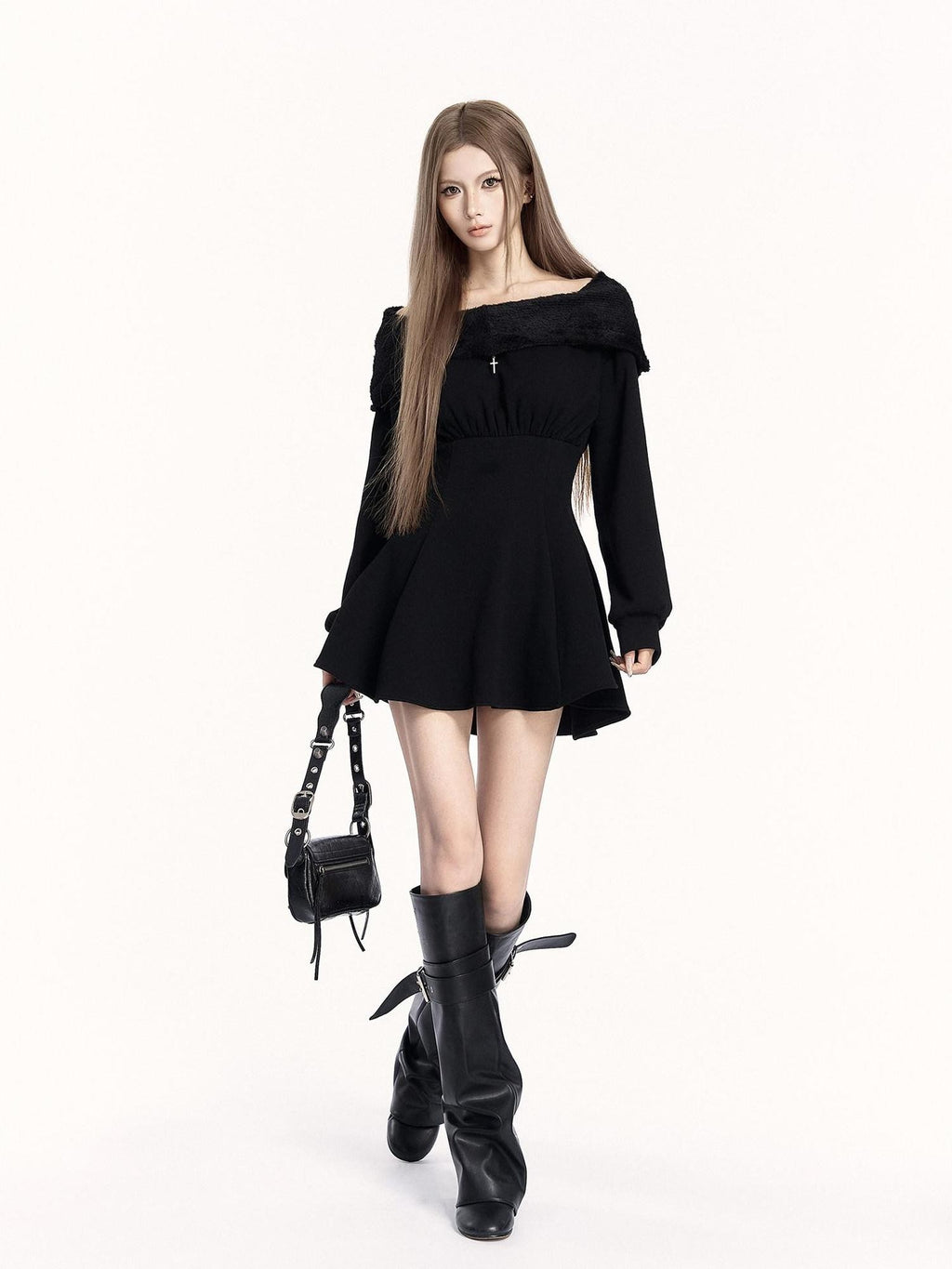 VOCK Dark Hooded Off Shoulder Patchwork Women's Poly Cotton Corset Mini Dresses