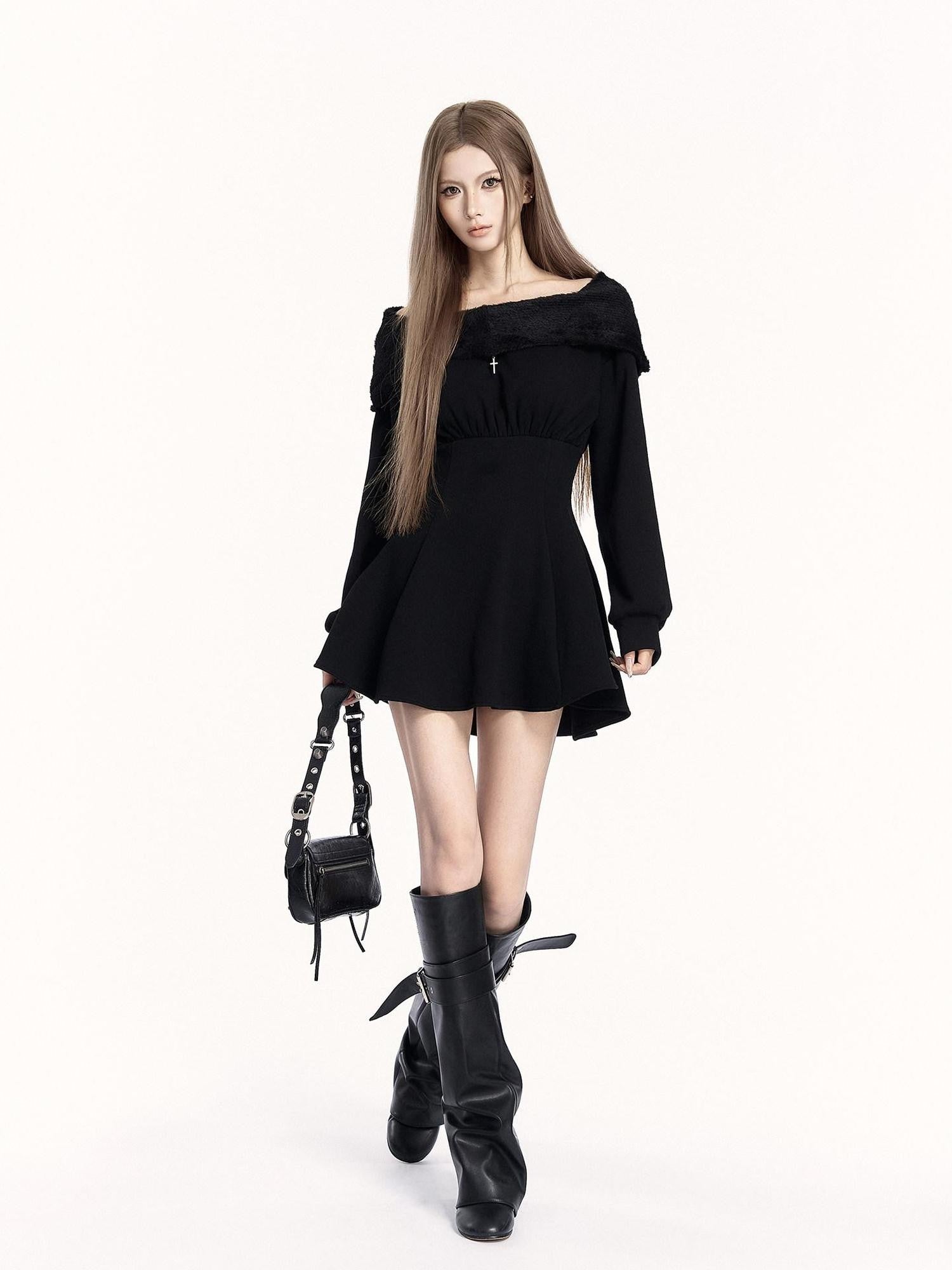 VOCK Dark Hooded Off Shoulder Patchwork Women's Poly Cotton Corset Mini Dresses