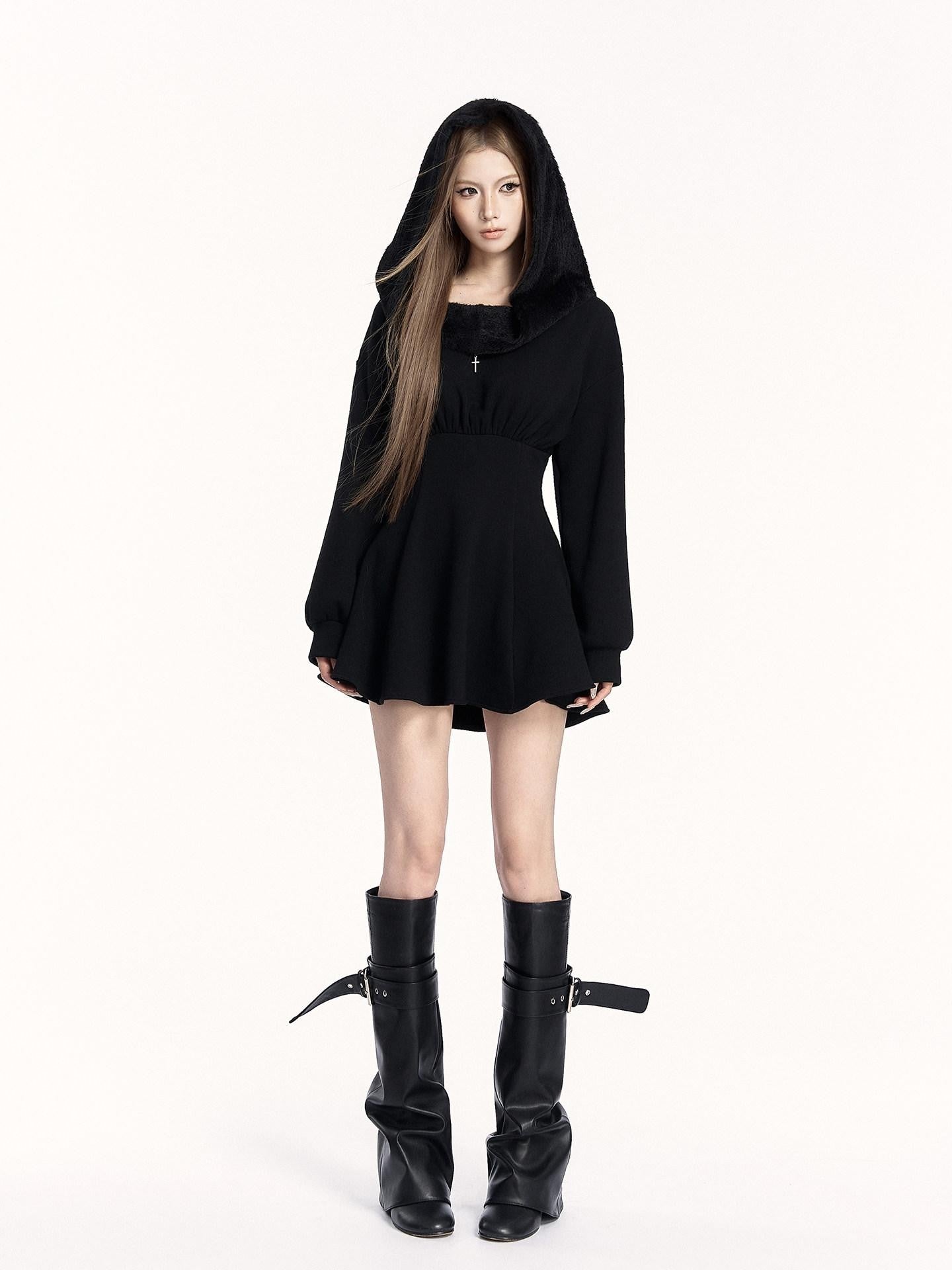 VOCK Dark Hooded Off Shoulder Patchwork Women's Poly Cotton Corset Mini Dresses