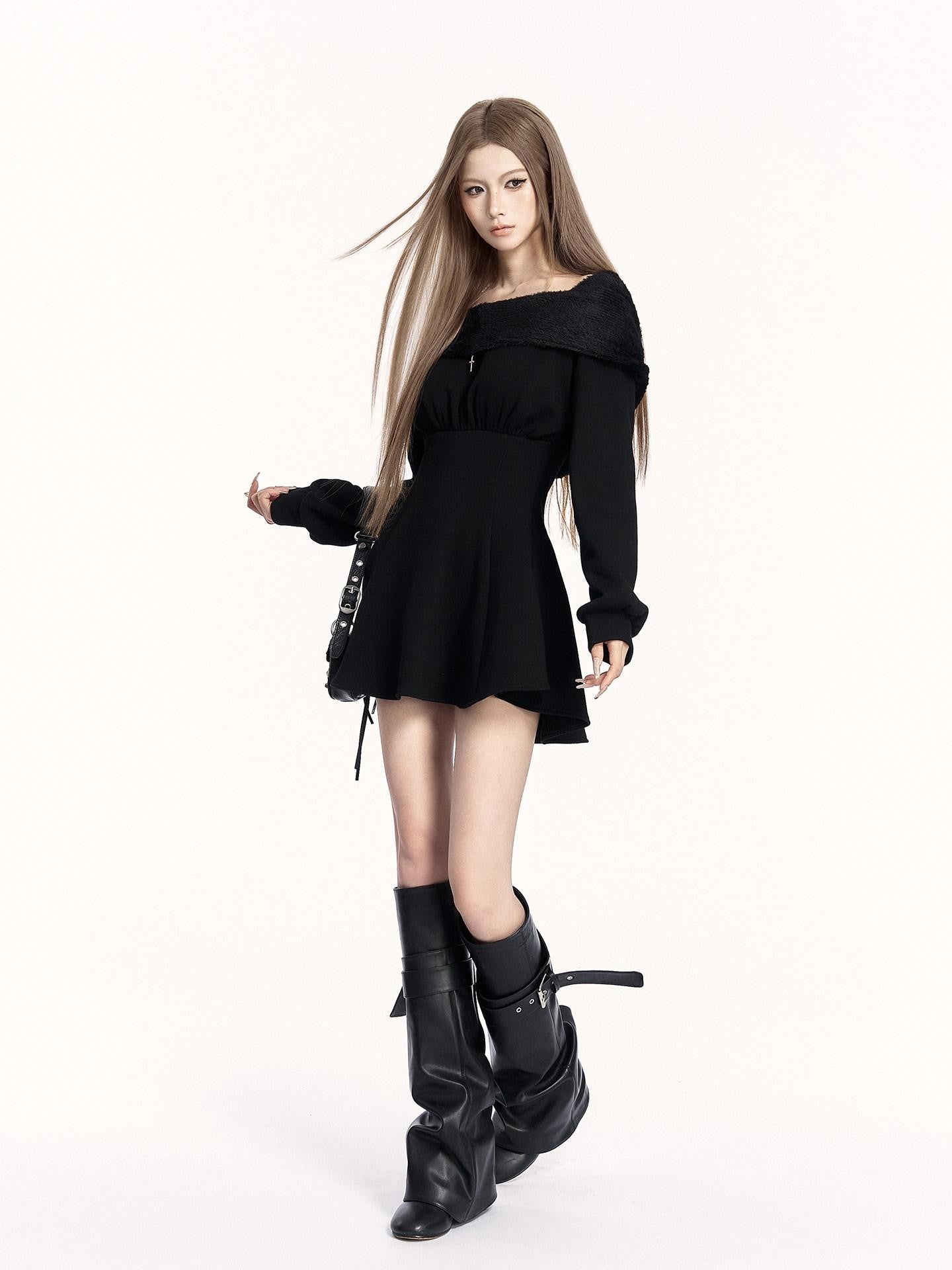VOCK Dark Hooded Off Shoulder Patchwork Women's Poly Cotton Corset Mini Dresses