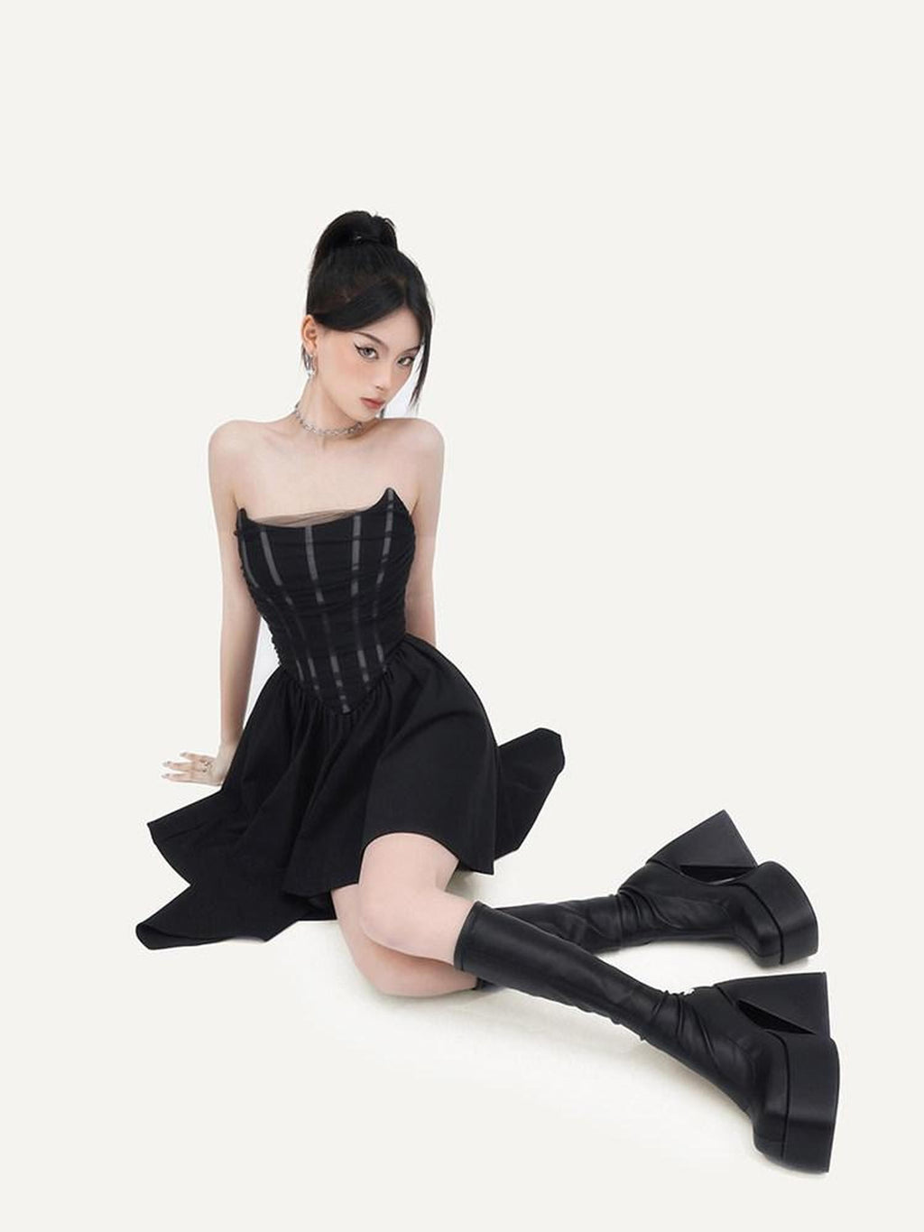 VOCK Dark Mesh Boned Asymmetrical Women's Polyester Spandex Tube Mini Dresses