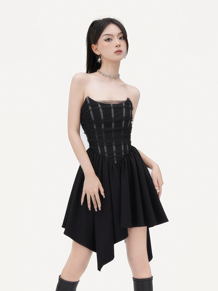 VOCK Dark Mesh Boned Asymmetrical Women's Polyester Spandex Tube Mini Dresses