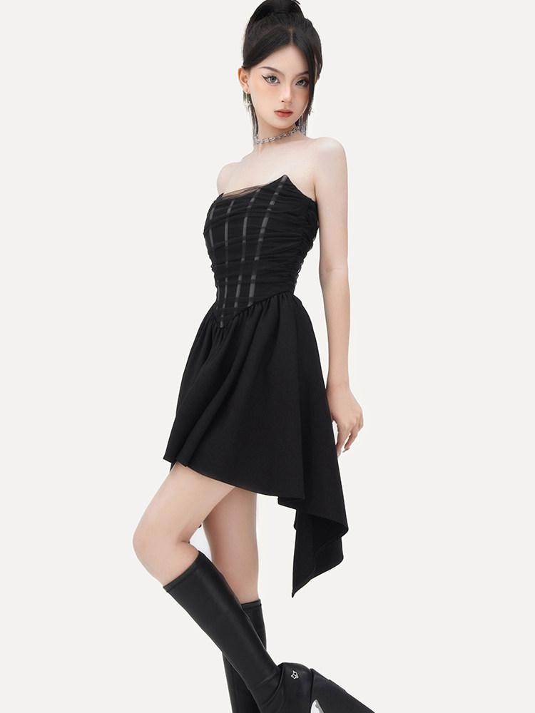 VOCK Dark Mesh Boned Asymmetrical Women's Polyester Spandex Tube Mini Dresses