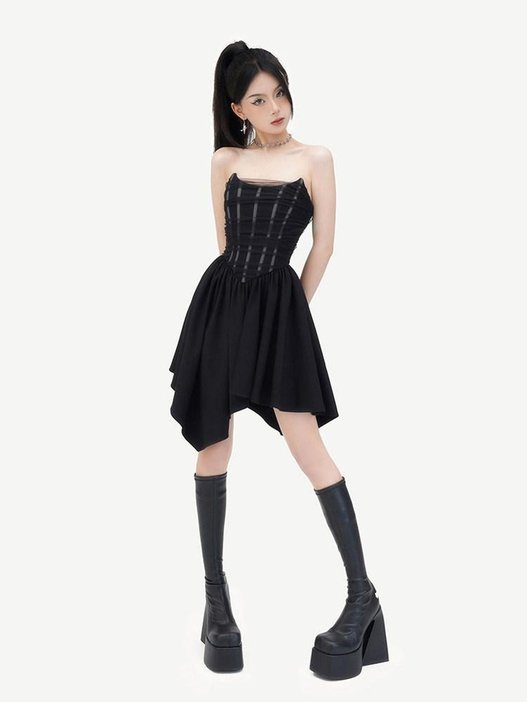 VOCK Dark Mesh Boned Asymmetrical Women's Polyester Spandex Tube Mini Dresses