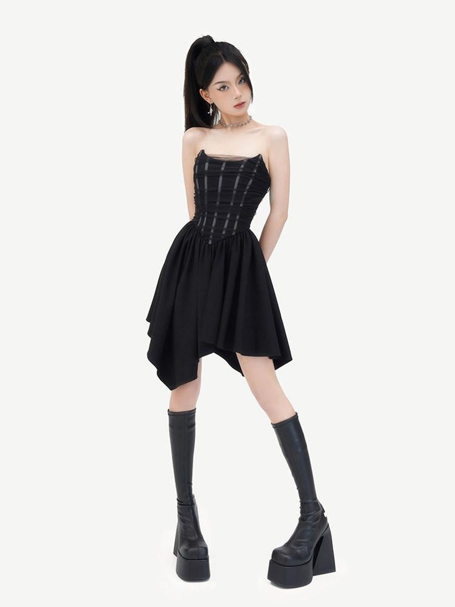 VOCK Dark Mesh Boned Asymmetrical Women's Polyester Spandex Tube Mini Dresses