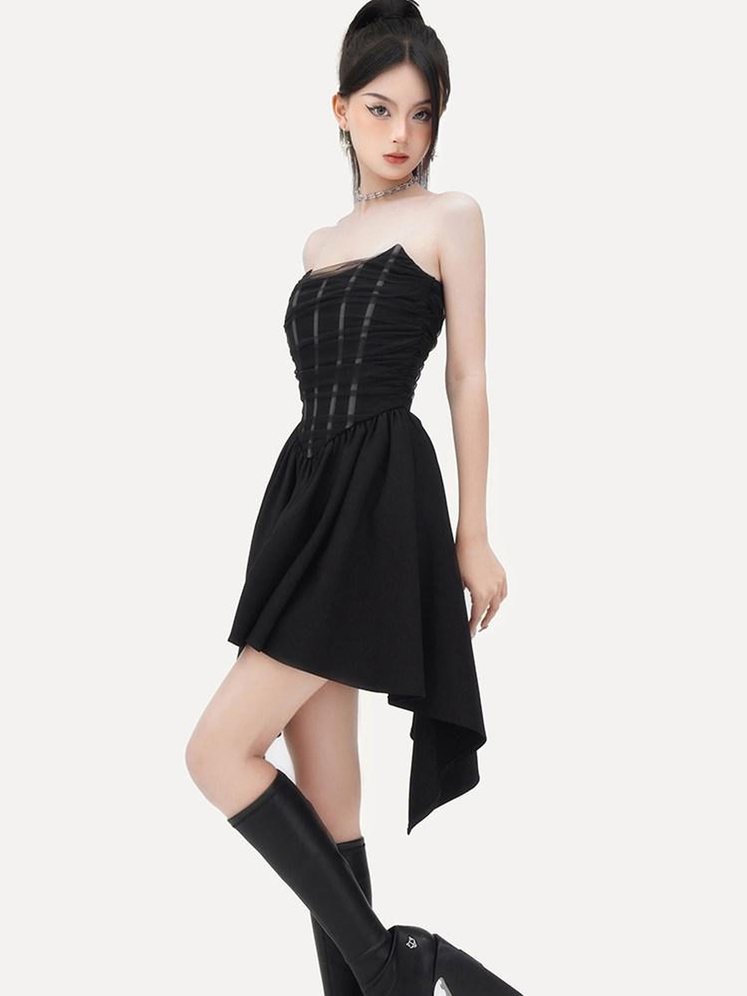 VOCK Dark Mesh Boned Asymmetrical Women's Polyester Spandex Tube Mini Dresses