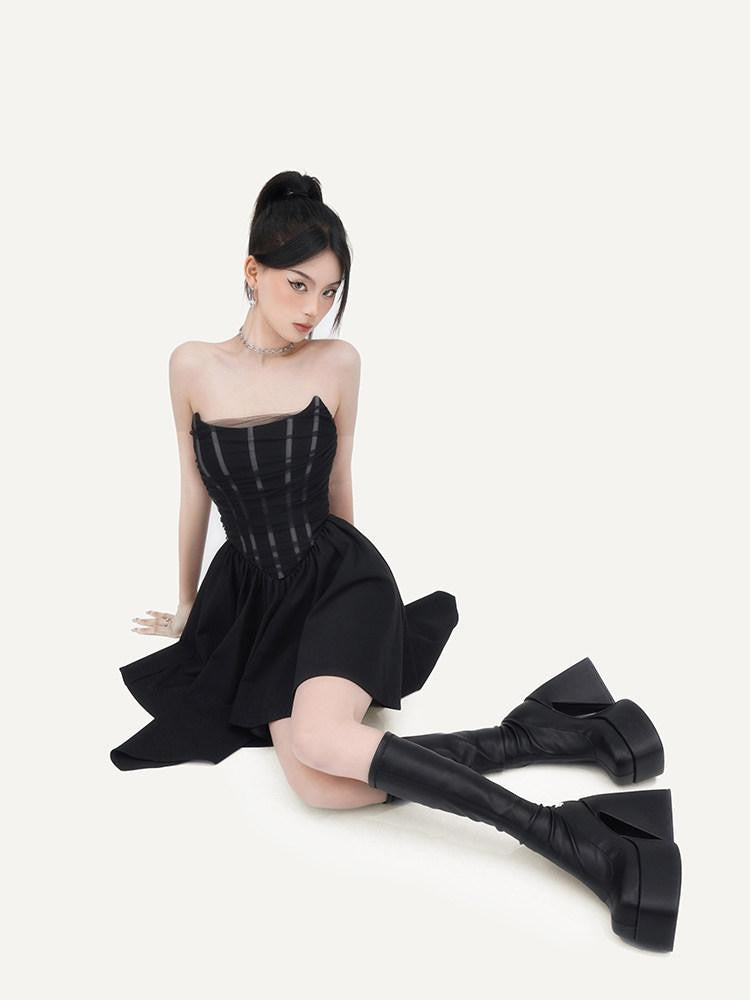 VOCK Dark Mesh Boned Asymmetrical Women's Polyester Spandex Tube Mini Dresses
