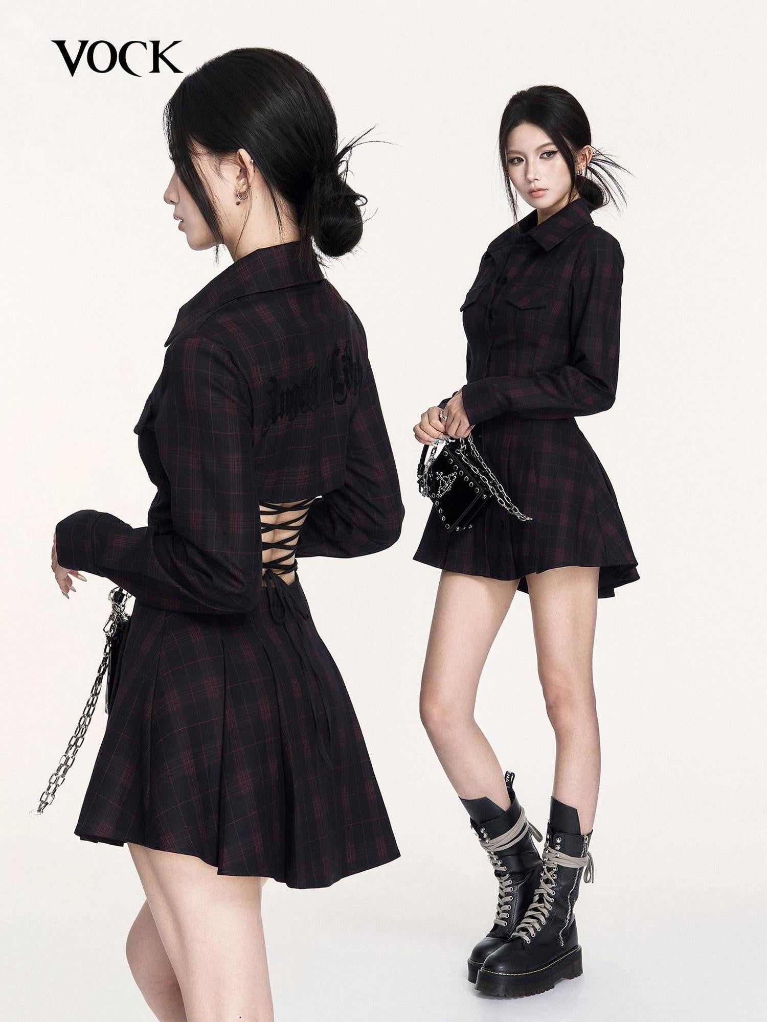 VOCK Dark Plaid Backless Tie Waist Longsleeve Women's Bodycon Mini Dresses