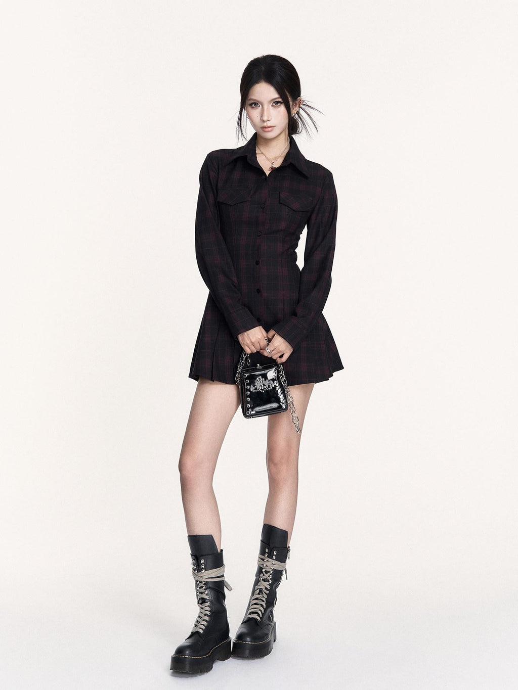 VOCK Dark Plaid Backless Tie Waist Longsleeve Women's Bodycon Mini Dresses