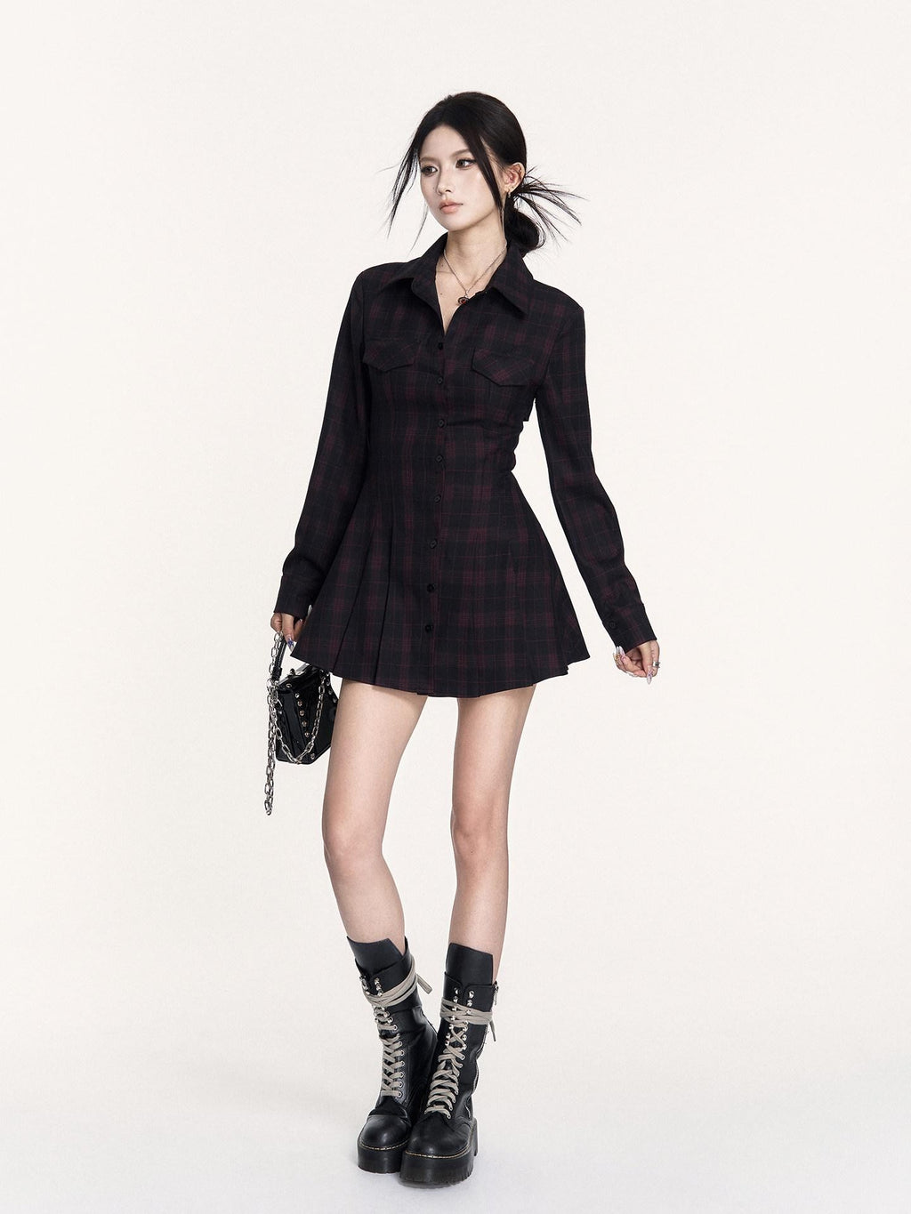 VOCK Dark Plaid Backless Tie Waist Longsleeve Women's Bodycon Mini Dresses