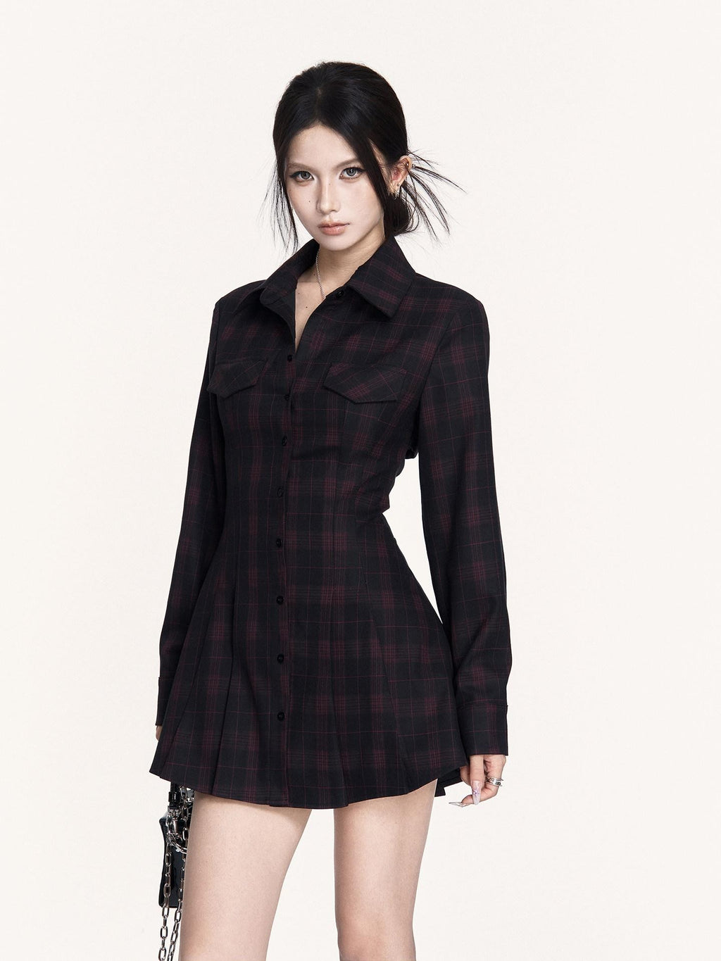 VOCK Dark Plaid Backless Tie Waist Longsleeve Women's Bodycon Mini Dresses
