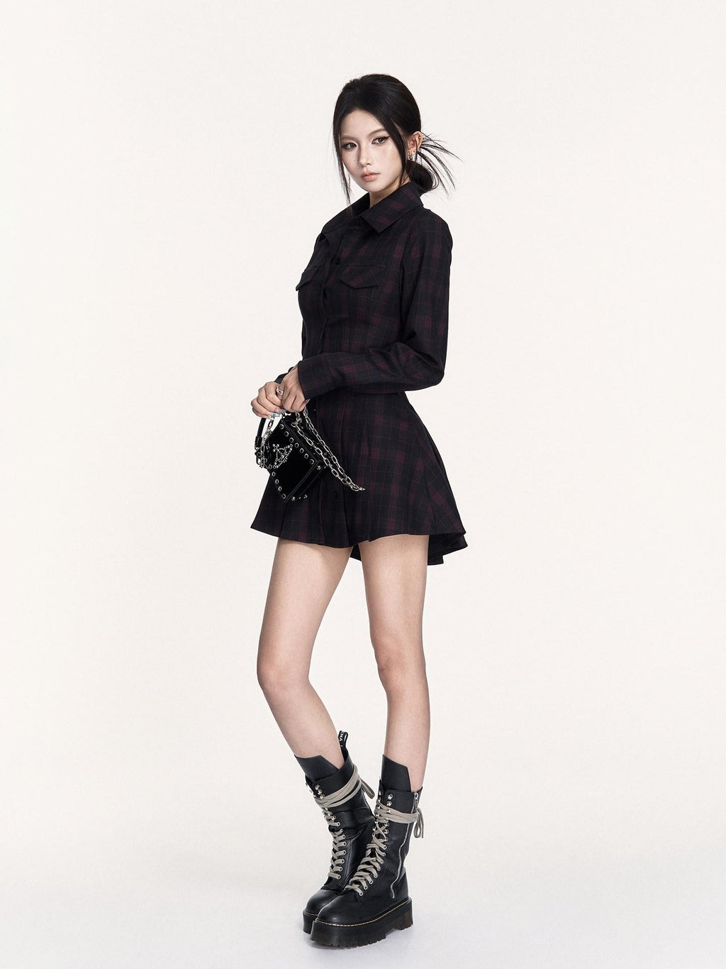 VOCK Dark Plaid Backless Tie Waist Longsleeve Women's Bodycon Mini Dresses
