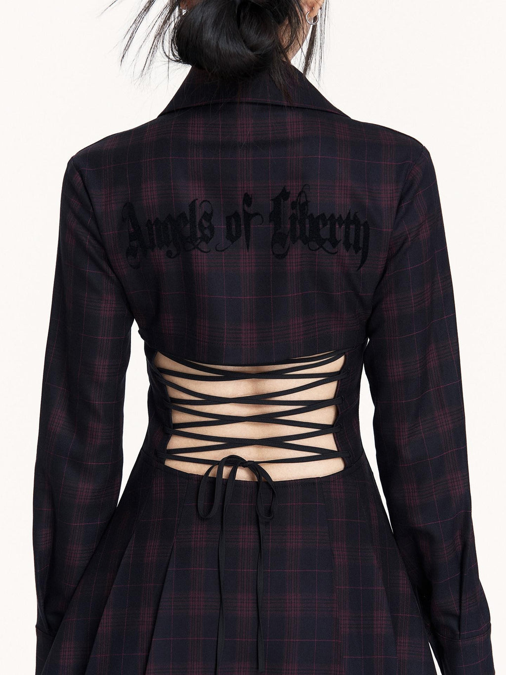 VOCK Dark Plaid Backless Tie Waist Longsleeve Women's Bodycon Mini Dresses