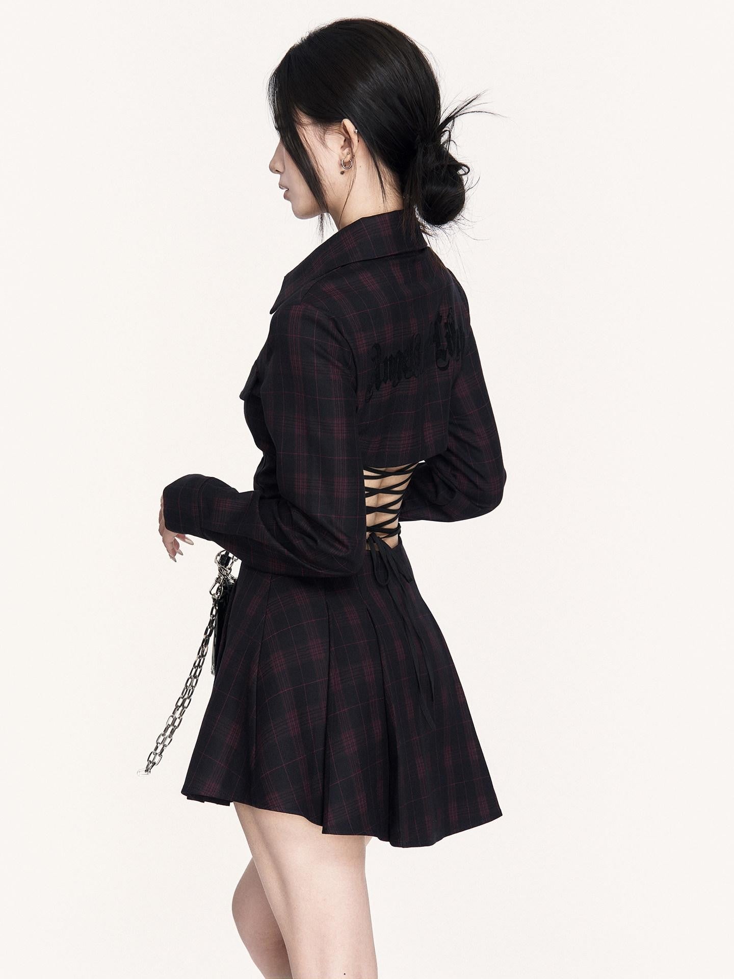 VOCK Dark Plaid Backless Tie Waist Longsleeve Women's Bodycon Mini Dresses
