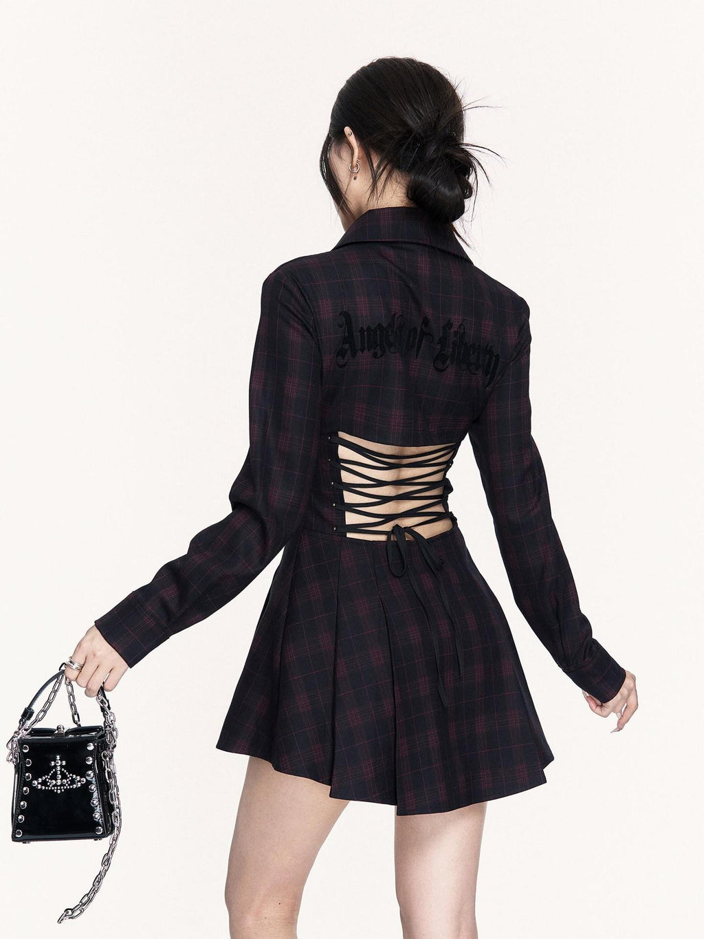 VOCK Dark Plaid Backless Tie Waist Longsleeve Women's Bodycon Mini Dresses
