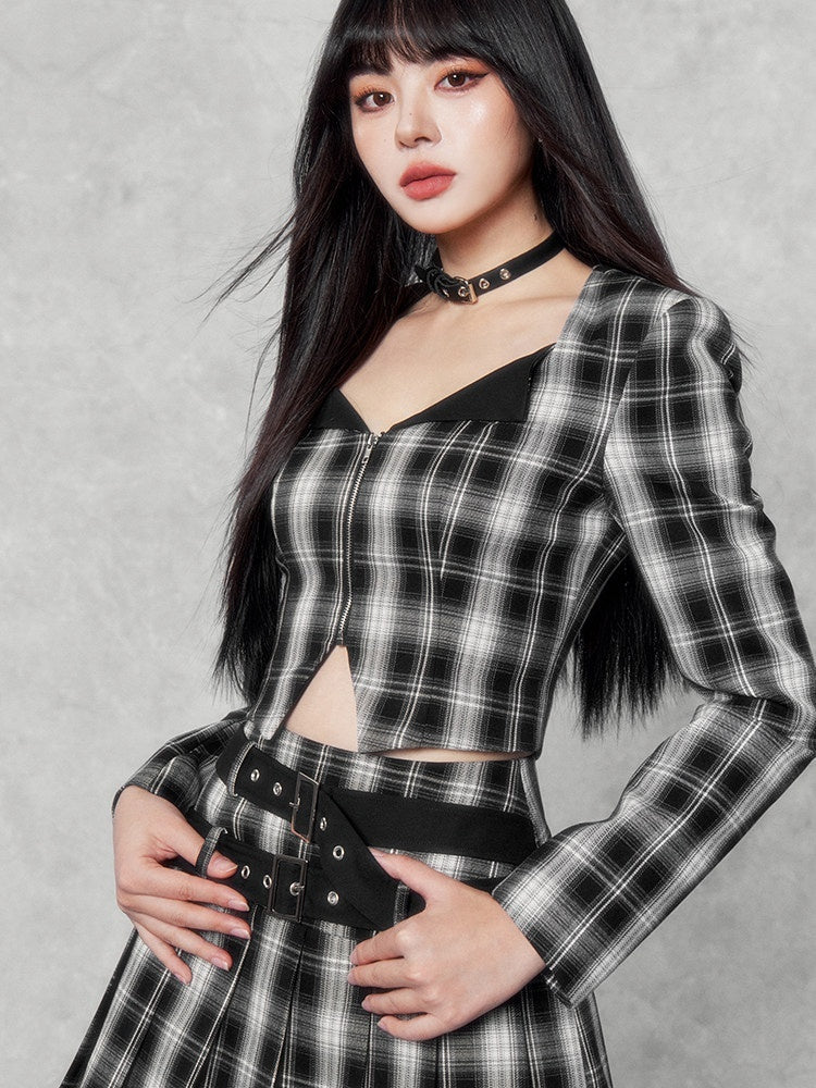 VOCK_Dark_Plaid_Colorblock_Cropped_Blazer_Pleated_Women's_Matching_Skirt_Sets_759148391798_MISSTT
