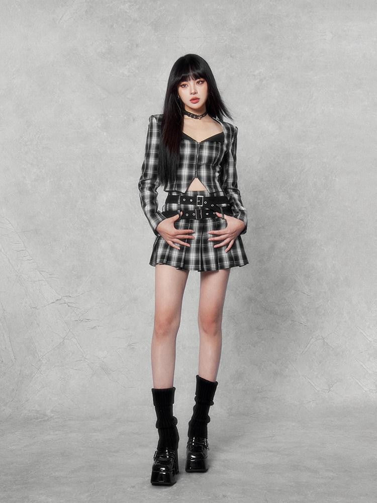VOCK Dark Plaid Colorblock Cropped Blazer Pleated Women's Matching Skirt Sets