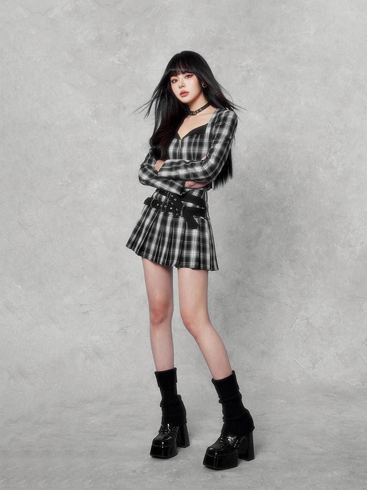 VOCK Dark Plaid Colorblock Cropped Blazer Pleated Women's Matching Skirt Sets