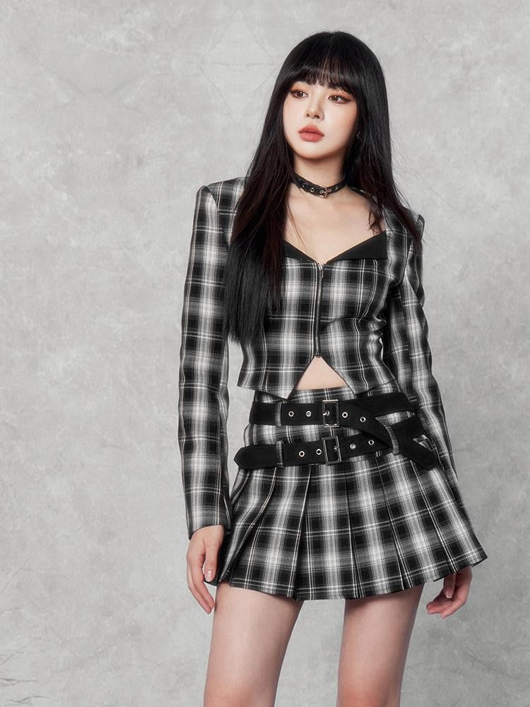 VOCK Dark Plaid Colorblock Cropped Blazer Pleated Women's Matching Skirt Sets
