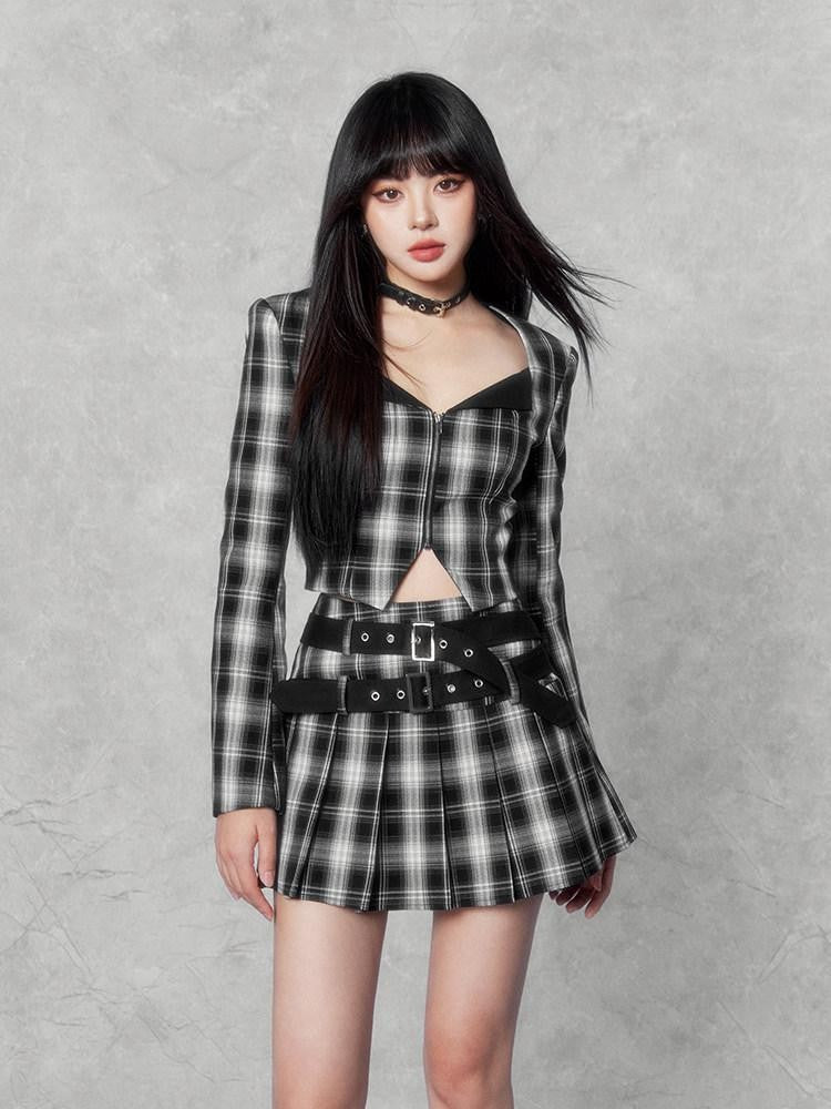 VOCK Dark Plaid Colorblock Cropped Blazer Pleated Women's Matching Skirt Sets