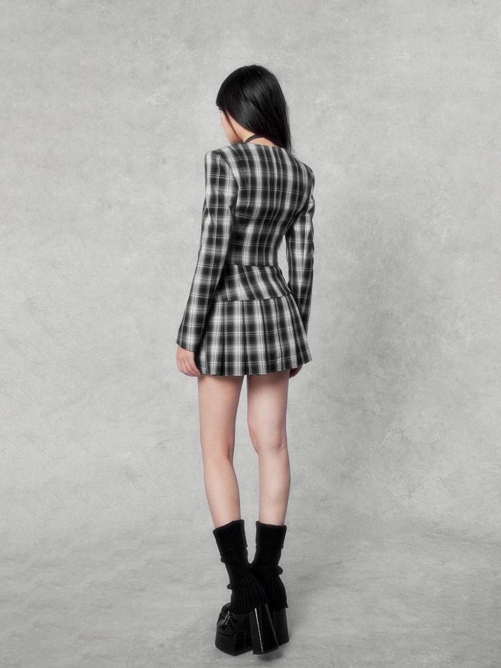 VOCK Dark Plaid Colorblock Cropped Blazer Pleated Women's Matching Skirt Sets