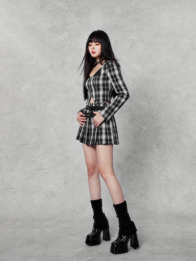 VOCK Dark Plaid Colorblock Cropped Blazer Pleated Women's Matching Skirt Sets
