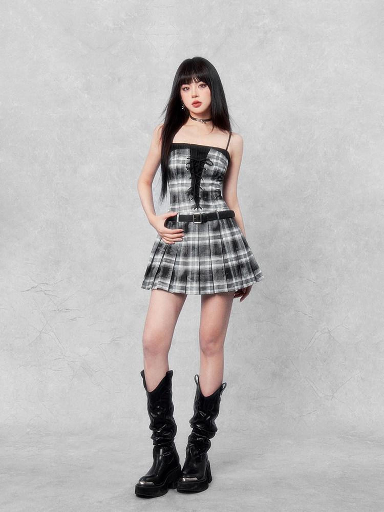 VOCK Dark Plaid Lace Up Pleated Square Neck Women's Poly Cotton Slip Mini Dresses