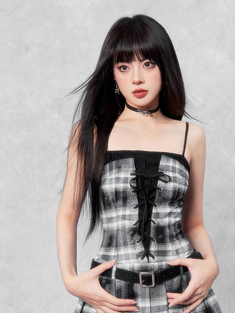 VOCK Dark Plaid Lace Up Pleated Square Neck Women's Poly Cotton Slip Mini Dresses
