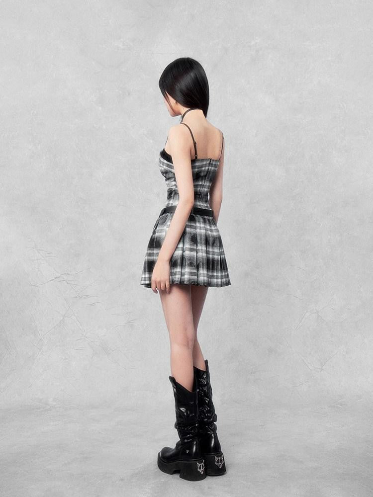 VOCK Dark Plaid Lace Up Pleated Square Neck Women's Poly Cotton Slip Mini Dresses