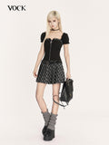 VOCK Dark Plaid Pleated Waist Cinch Women's Polyester Tube Mini Dresses