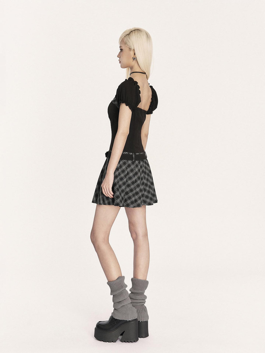 VOCK Dark Plaid Pleated Waist Cinch Women's Polyester Tube Mini Dresses