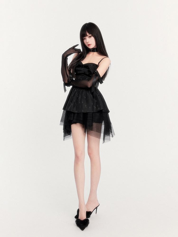 VOCK Dark Romantic Asymmetric High Waist Women's Jacquard Polyester Blend Slip Mini Dresses