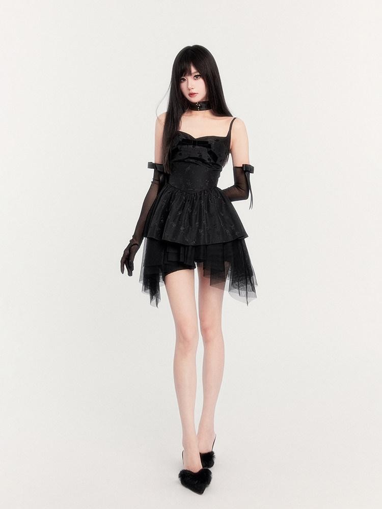 VOCK Dark Romantic Asymmetric High Waist Women's Jacquard Polyester Blend Slip Mini Dresses