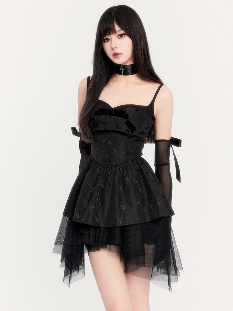 VOCK Dark Romantic Asymmetric High Waist Women's Jacquard Polyester Blend Slip Mini Dresses