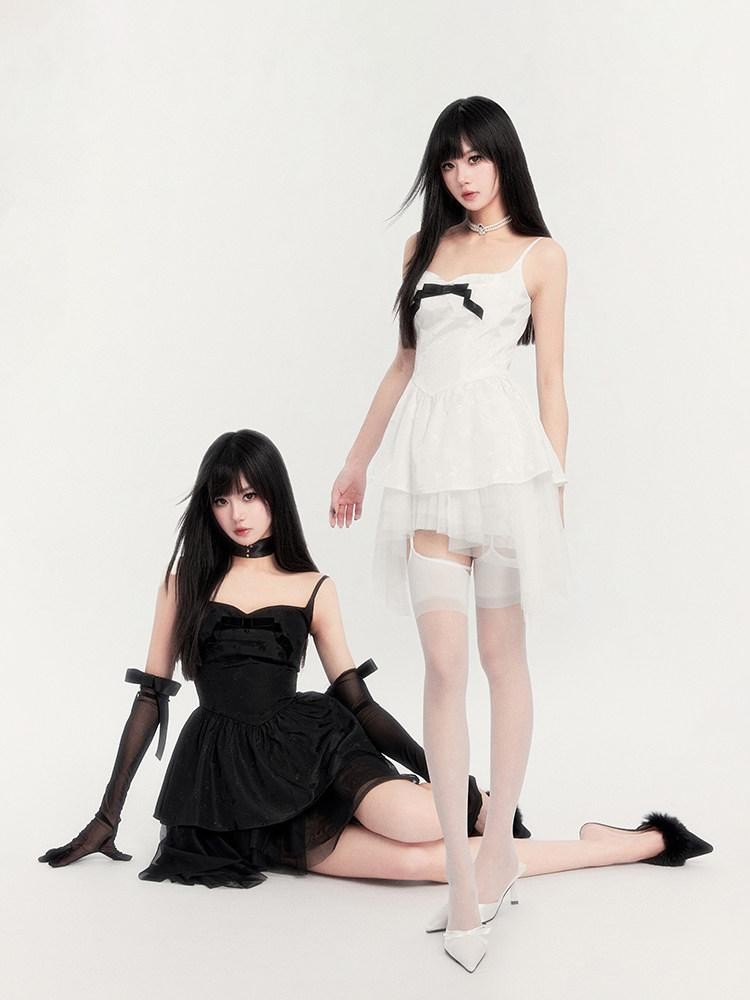 VOCK Dark Romantic Asymmetric High Waist Women's Jacquard Polyester Blend Slip Mini Dresses