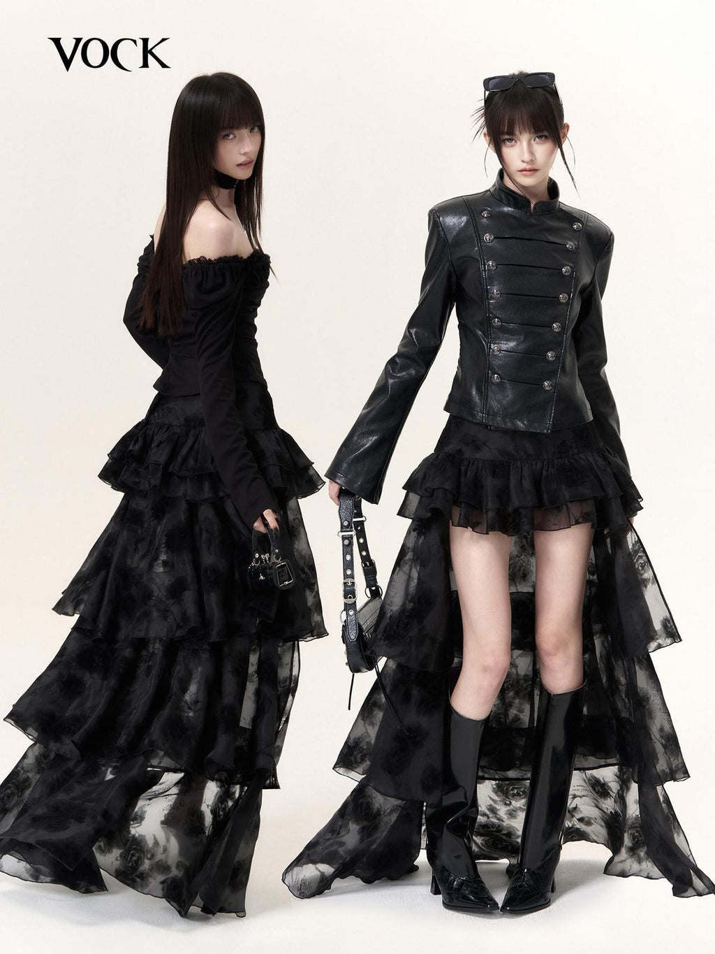 VOCK Dark Romantic Flocking Halloween Layered Ruffle Asymmetric Women's Polyester Maxi Skirts