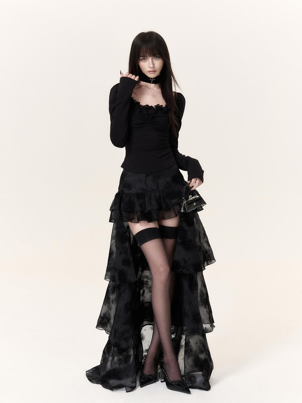 VOCK Dark Romantic Flocking Halloween Layered Ruffle Asymmetric Women's Polyester Maxi Skirts