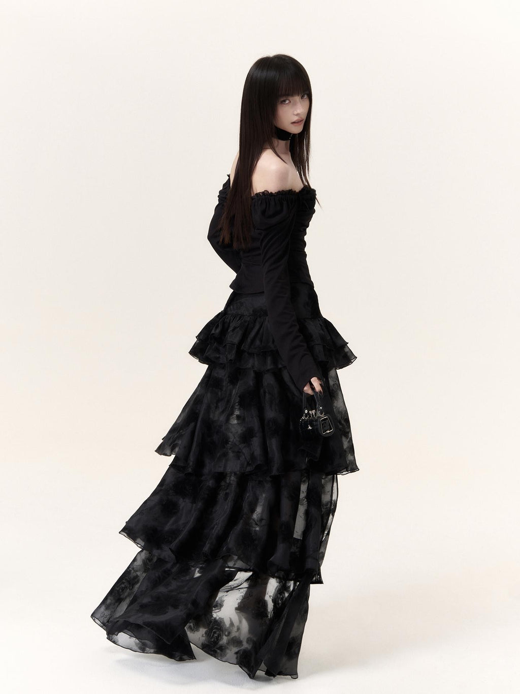 VOCK Dark Romantic Flocking Halloween Layered Ruffle Asymmetric Women's Polyester Maxi Skirts