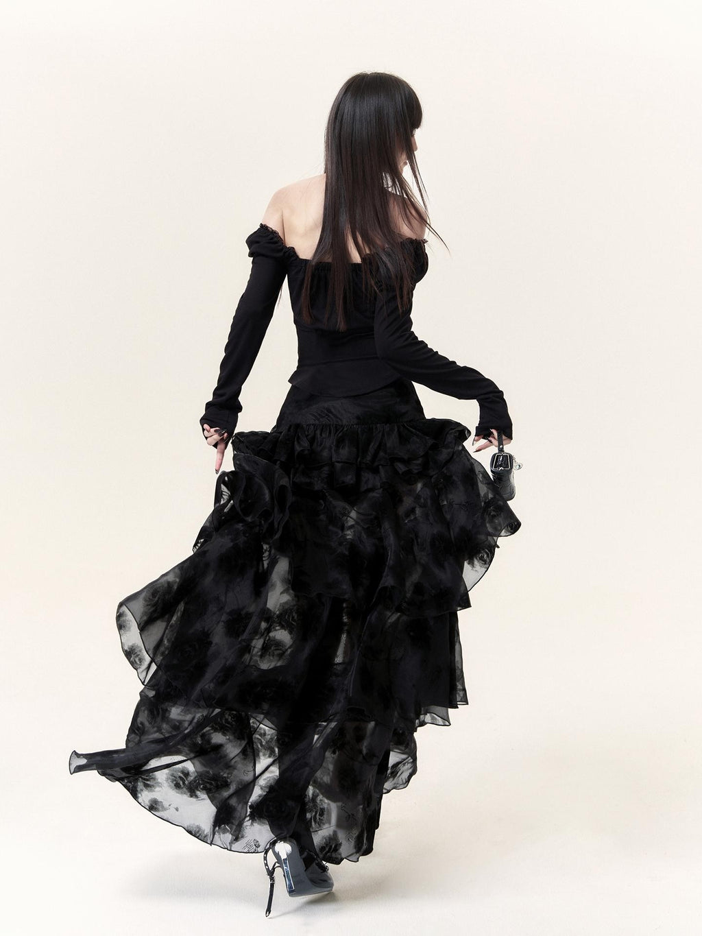 VOCK Dark Romantic Flocking Halloween Layered Ruffle Asymmetric Women's Polyester Maxi Skirts