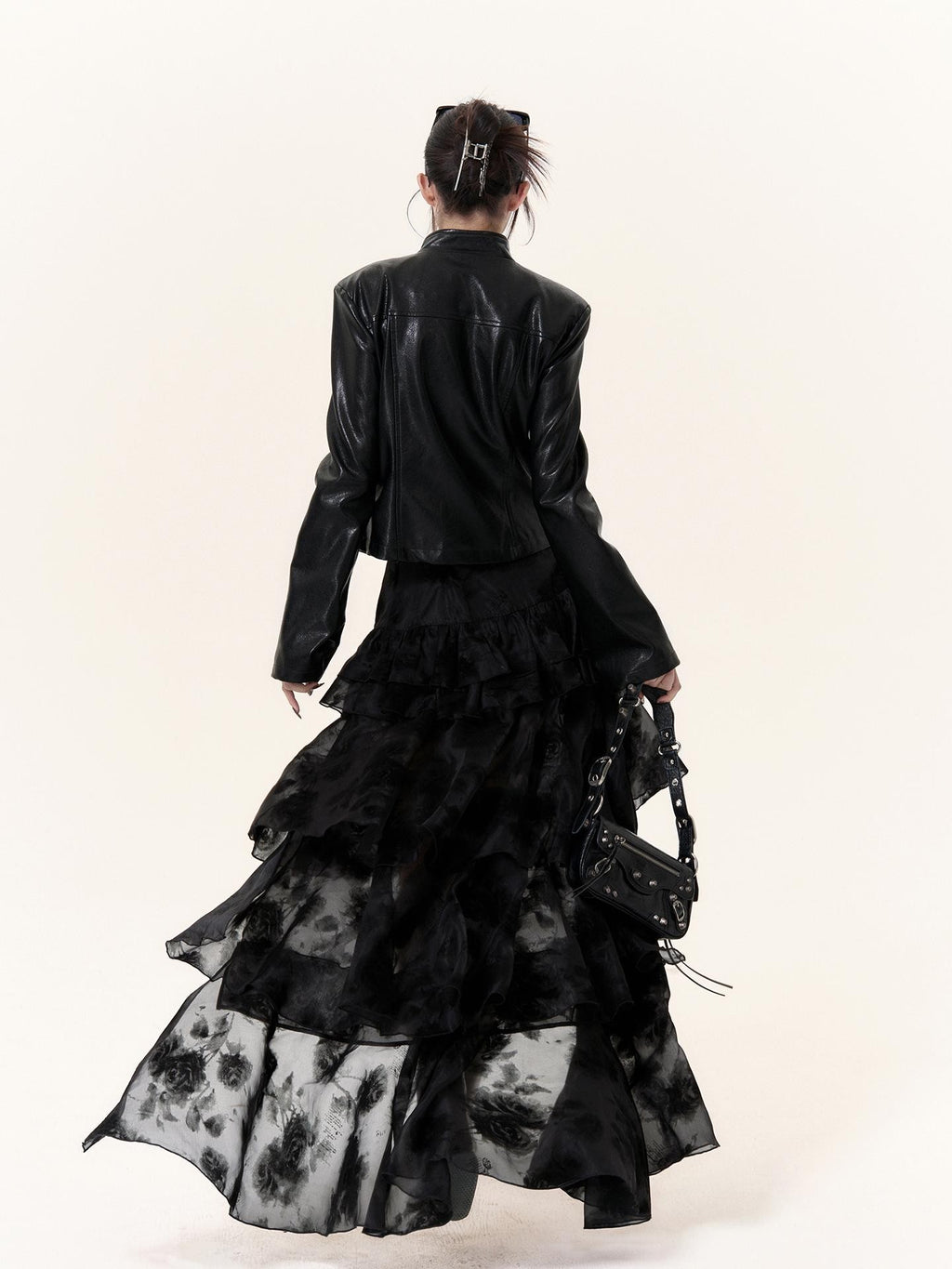 VOCK Dark Romantic Flocking Halloween Layered Ruffle Asymmetric Women's Polyester Maxi Skirts