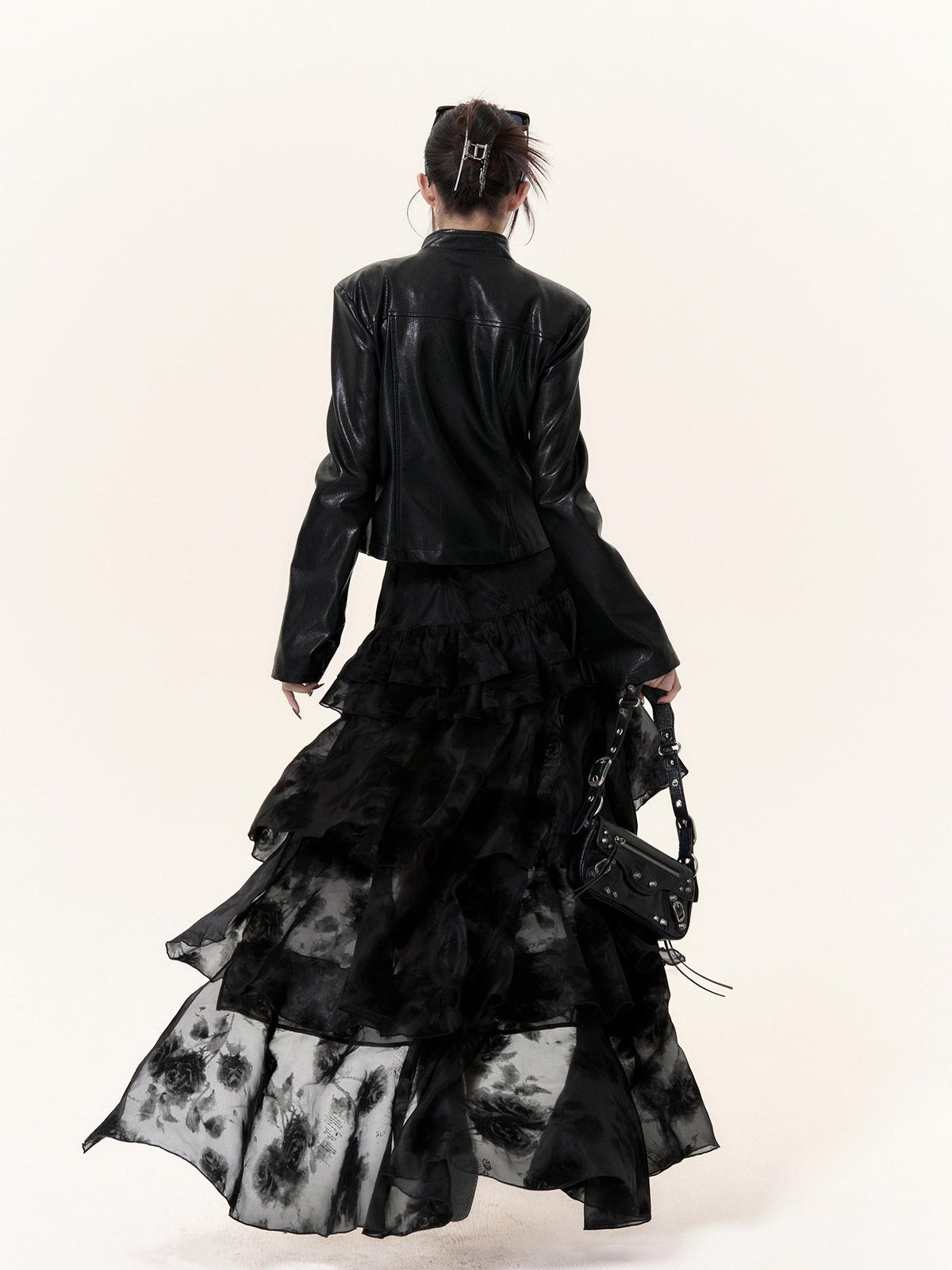 VOCK Dark Romantic Flocking Halloween Layered Ruffle Asymmetric Women's Polyester Maxi Skirts