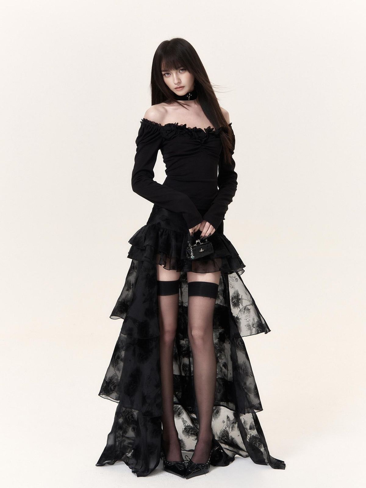 VOCK Dark Romantic Flocking Halloween Layered Ruffle Asymmetric Women's Polyester Maxi Skirts